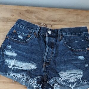 Levi's Distressed Dark Blue Denim Jean Shorts